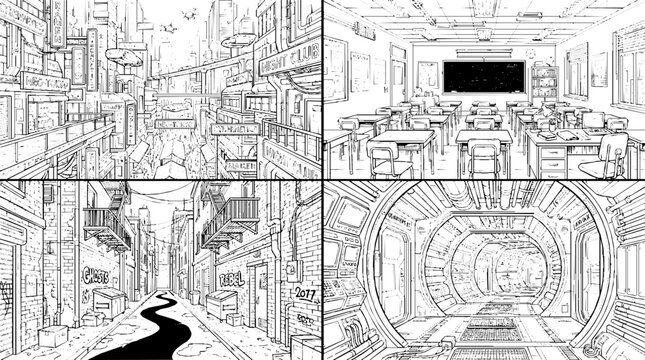 2D Lineart Background Vector Bundle: City, Classroom & Sci-Fi Scenes for Manga