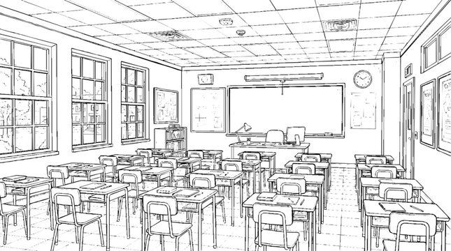 High School Room 2D Vector: Editable Line Art Background for Visual Novels