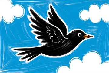 Fototapeta premium Black crow bird flying with open wings in blue cloudy sky in hand drawn sketch style for avian fauna, nature concept