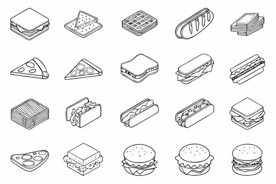 sandwich and fast food icons in line art style burger hot dog taco