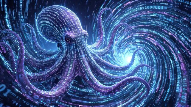 Digital octopus with binary code skin swimming in glowing data vortex. Panning camera movement in wide shot.
