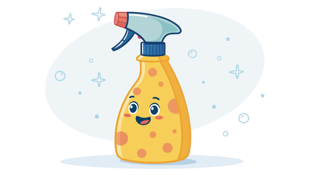 Cute smiling yellow spray bottle character for cleaning service with character cleaning detergent household housekeeping sanitation disinfectant sanitizer friendly expression illustration