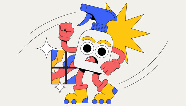 Cartoon spray bottle character roller skating for cleaning concept with character design character cleaning detergent household sanitation housekeeping expressive energetic illustration