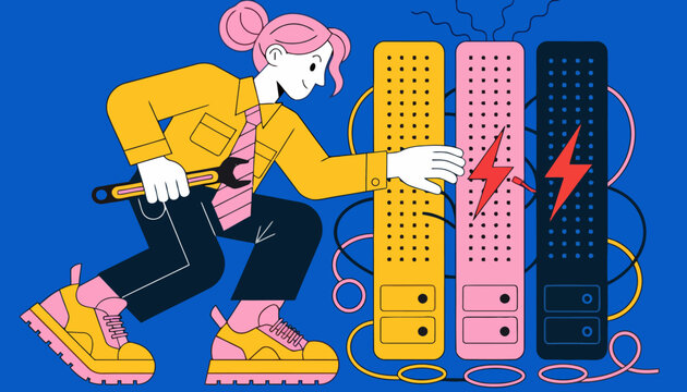 It technician performing server troubleshooting and maintenance vector illustration with technician troubleshooting maintenance hardware sysadmin computing technology infrastructure electrical