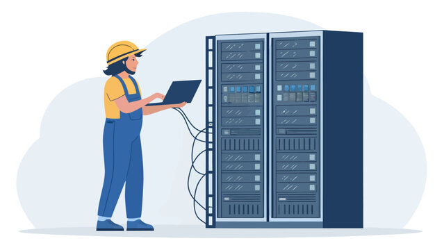 It specialist technician using laptop for server rack configuration and monitoring with technician maintenance configuration hardware infrastructure computing technology sysadmin internet