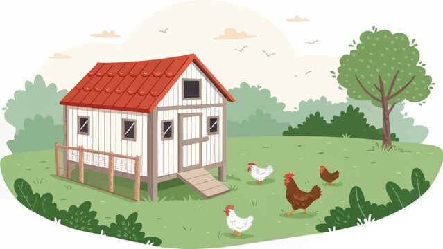 Small chicken coop with poultry in green field farmyard illustration animal husbandry livestock agriculture countryside farmyard enclosure domestic landscape homestead lifestyle backyard