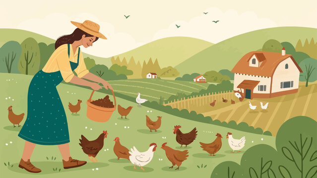 Woman farmer feeding chickens in a rural farmyard setting with agriculture countryside lifestyle homestead livestock landscape farmhouse environment sustainability cottagecore illustration