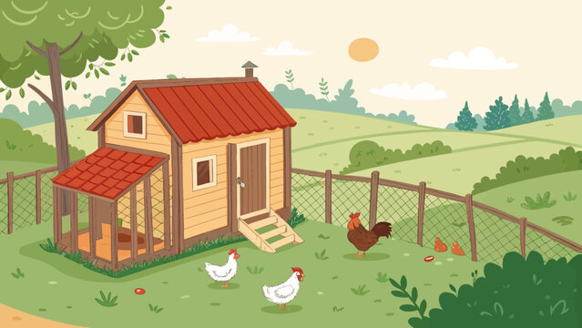 Poultry farm scene with chicken coop and roaming chickens in rural landscape countryside landscape agriculture livestock homestead backyard environment lifestyle sustainable domestic