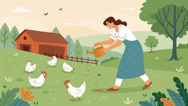 Woman farmer scattering grain for chickens outside a red barn with agriculture homestead countryside livestock lifestyle sustainability illustration landscape environment sunlight domestic