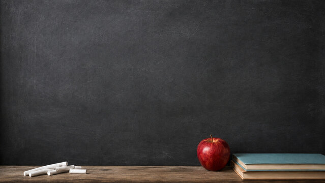 Blank classroom chalkboard with books apple and chalk