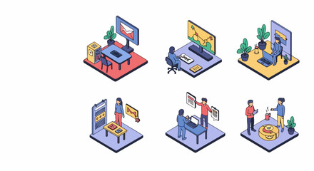 Fototapeta premium Isometric vector illustration of office work scenes,