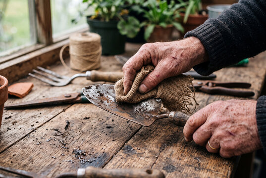 Senior hands cleaning garden trowel in potting shed