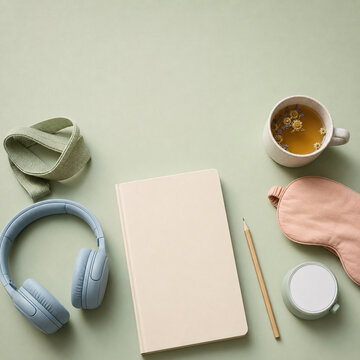 Student wellness study break flat lay with planner and tea