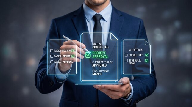 Businessman interacting with digital project approval interface