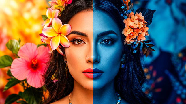 Duality of Beauty: A striking portrait captures the contrasting essence of a woman, with one half adorned in vibrant tropical flowers and warm sunlight, the other veiled in cool, enigmatic blues.