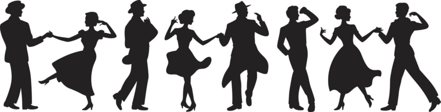 Silhouettes of dancing couples in vintage style, black figures of men and women in retro clothing performing dance moves on white background
