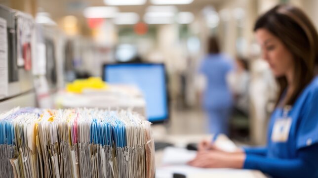 Focused view of a medical cubicle workspace with a staff member arranging medical records surrounding area softly out of focus.
