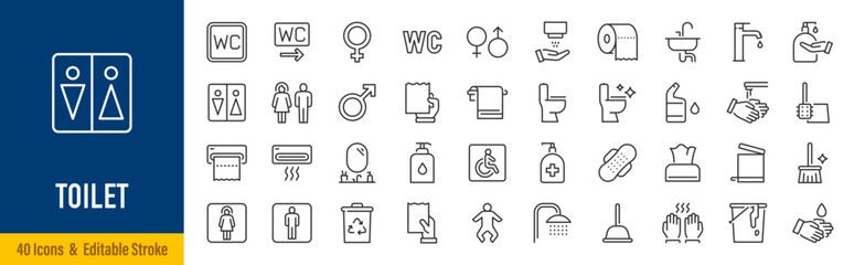 Naklejka na ściany i meble Toilet line icons in editable stroke style. Restroom, WC, sanitation, hygiene, plumbing, bathroom fixtures, public facilities collection. Editable stroke. Vector