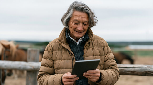 A leathery-faced elderly riding instructor stands beneath brooding overcast skies in a paddock, squinting at a tablet screen mid-video-consultation with a remote doctor while