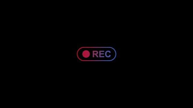 Medium size animated rec button with flashing red indicator on black background,Abstract camera recording rec text icon with dark red dot 4k 