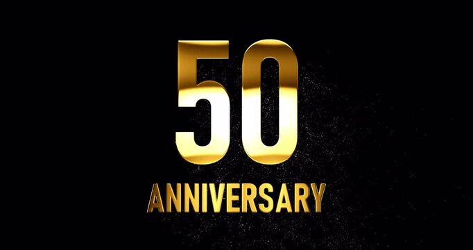 Gold 50 years anniversary, numbers with glare and glittering falling particles, fifty years jubilee or birthday celebration, loop footage