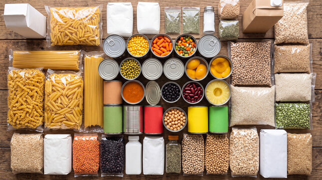 Top View of Food Bank Supplies, Canned Goods, Grains, Pasta, and Fresh Vegetables Prepared for Donation and Community Relief Distribution.