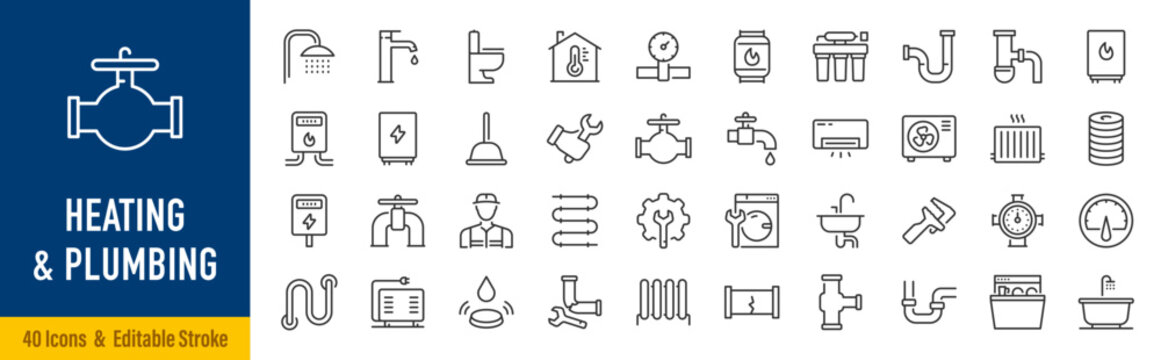Heating and Plumbing line icons in editable stroke style. HVAC, boiler, radiator, water supply, pipe installation, repair, home maintenance collection. Editable stroke. Vector