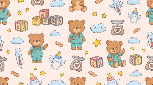 sweet cartoon style pattern of a pediatrician office featuring cuddly teddy bears bright toy blocks tiny weighing scales friendly thermometers and happy baby bottles scattered about