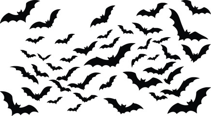 Fototapeta premium Flying bats swarm vector silhouette, scattered halloween bat swarm background, black spooky bat flock overlay graphic elements