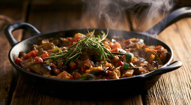 Heated steamy French ratatouille simmering in a cast iron pan on a rustic wooden table