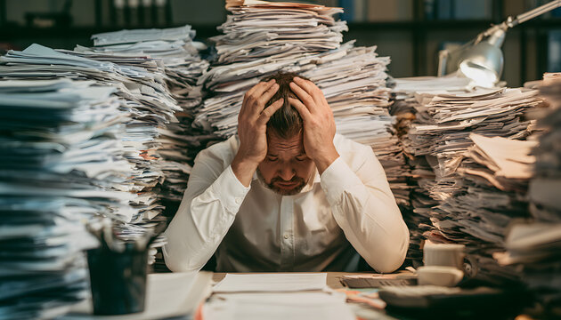 A stressed office worker at the desk, surrounded by towering stacks of documents, presses his forehead with his hands. Overwhelmed, he stares at the endless mountain of paperwork, weighing the burdens