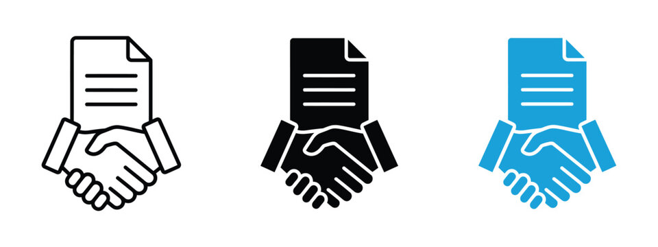 Business agreement icon with handshake and document representing contract, partnership, deal, and trust.