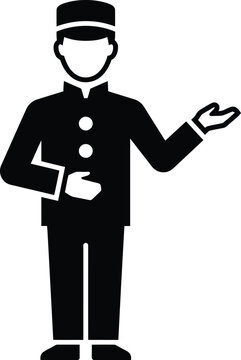 Black and white vector icon of a hotel bellhop or concierge gesturing with an open hand