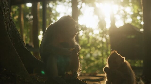 Monkeys eating food in forest with sun flare