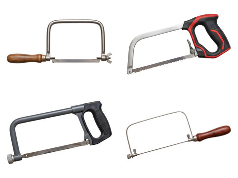 Set of four handheld saws including hacksaws and coping saws with wood and plastic handles on transparent background essential cutting tools for metal and fine wood crafts.