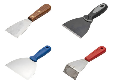 Set of four different putty knives and scrapers, featuring various handle materials and blade shapes, essential tools for construction and DIY tasks.