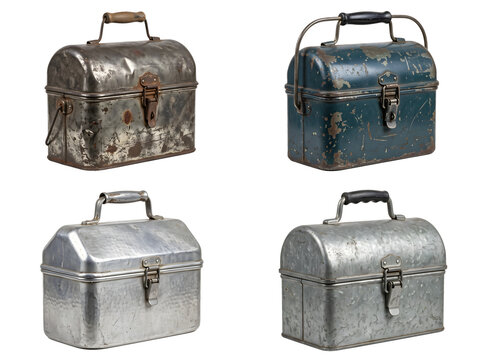 Set of four vintage metal lunch boxes with handles and latches showing signs of wear and tear on transparent background for nostalgia.