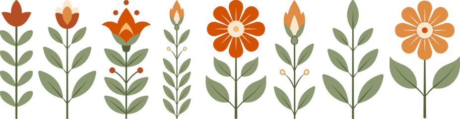 Scandinavian Folk Art Flower Collection with Stylized Botanical Floral Elements Flat Vector Clipart Set © Selena.art