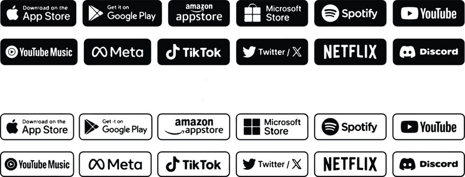 Premium App Store Download Badges Collection with Google Play, Amazon App store, Microsoft Store, Spotify, YouTube, YouTube Music, and App Gallery Set of  Icons Vector