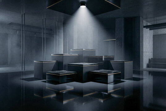 A modern luxury dark studio setting featuring black cubic podiums with gold accents illuminated by a top spotlight for product display