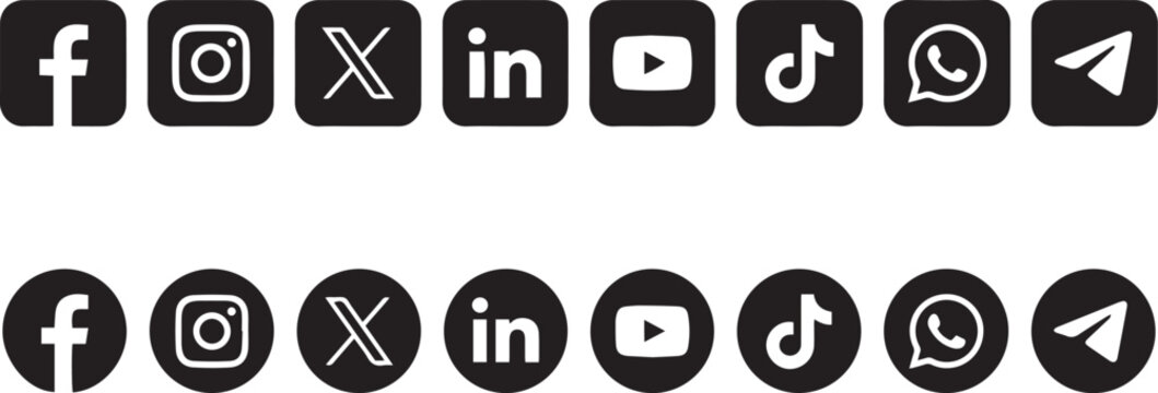 Black And White Social Media Icons Set Featuring Facebook Instagram X LinkedIn YouTube TikTok WhatsApp and Telegram in Square and Circular Designs