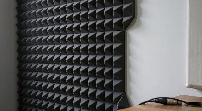 Dark grey acoustic foam panels with pyramid pattern on a studio wall. Soundproofing texture detail with audio cable on a wooden desk