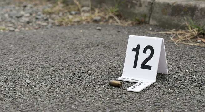 White crime scene marker number 12 next to a spent bullet casing. Forensic evidence on an asphalt road