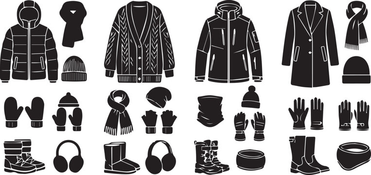 Diverse group of winter jackets and coats on hangers. Stylish outerwear collection for men and women in various designs and lengths.