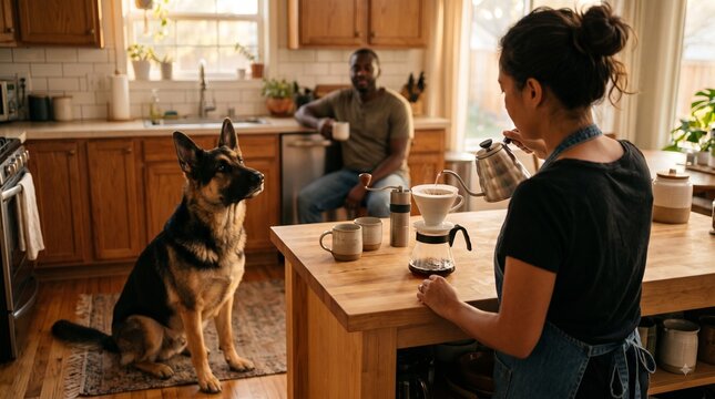 Pour over coffee brewing in kitchen with German Shepherd and man