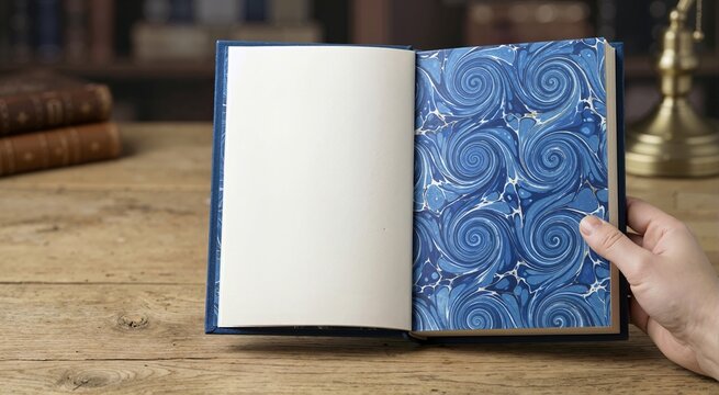 Open book with blue marbled endpaper and blank page. Hand holding a classic hardcover volume on a wooden desk. Copy space for text