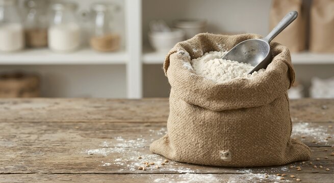 Open burlap sack filled with white flour and a metal scoop. Rustic wooden table with scattered flour and wheat grains in a bakery setting