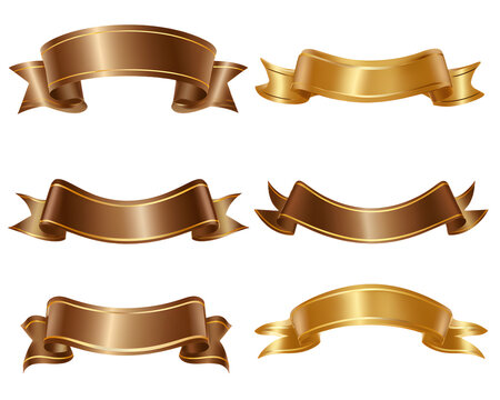 A white background with a set of luxury ribbon elements in brown and gold curves