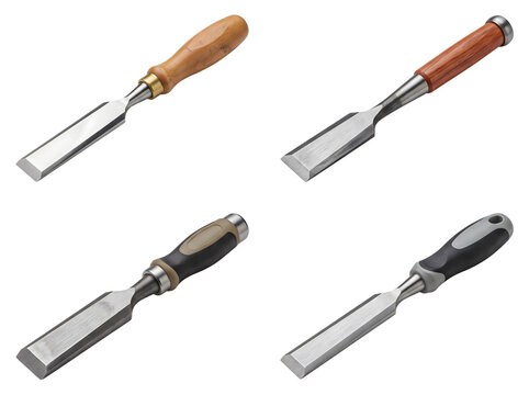 Four different types of wood chisels with various handle designs and blade widths, essential tools for woodworking and carving tasks.