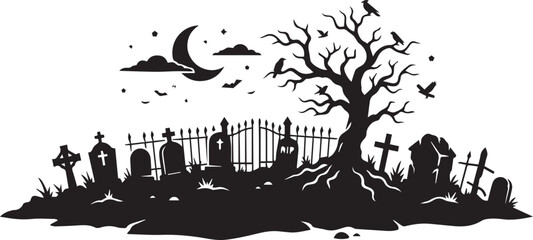 Obraz premium Haunting Halloween graveyard scene with flying bats and bare trees. Spooky cemetery silhouette at dusk featuring tombstones and eerie atmosphere.